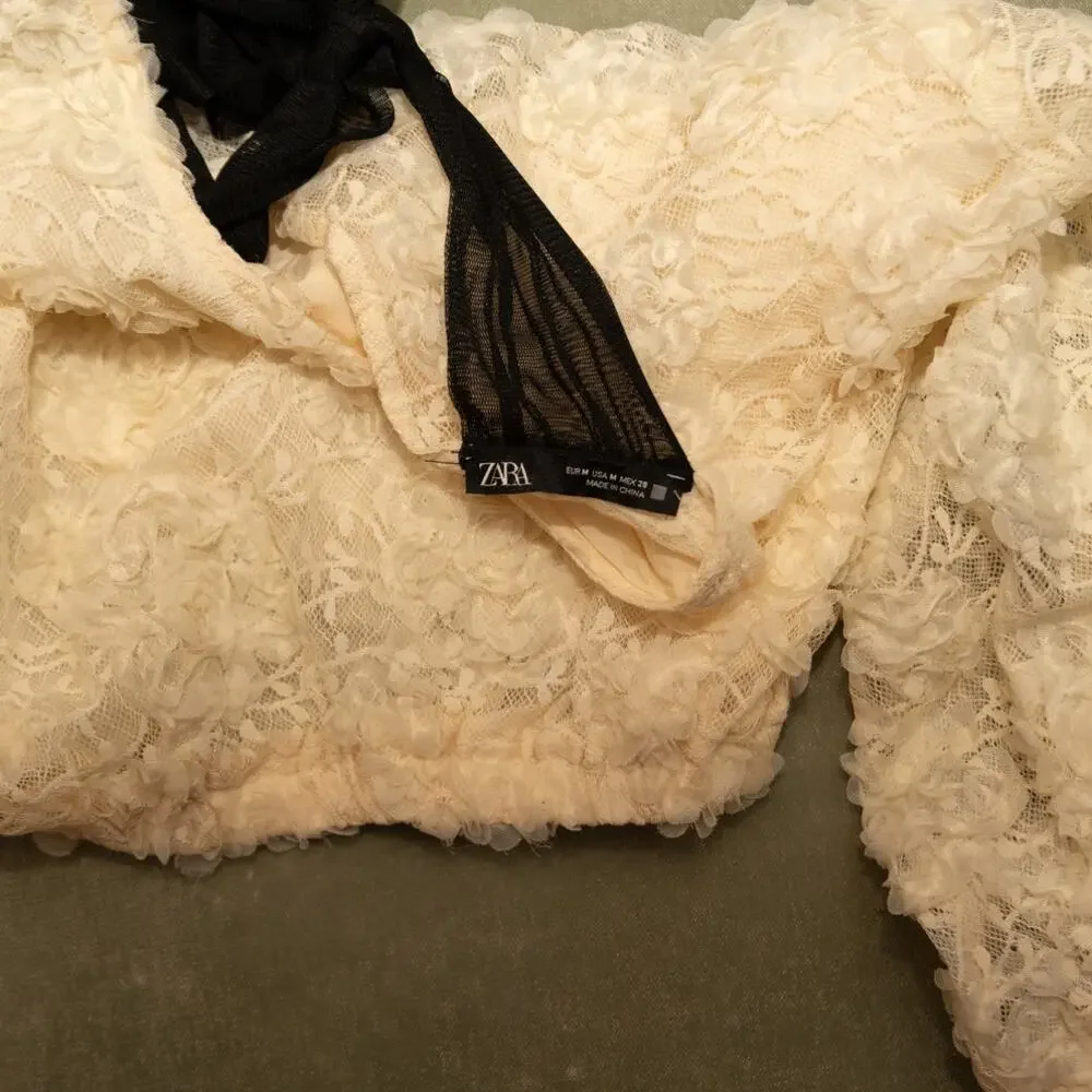 Zara Cream Tulle‎ Floral Lace Crop Blouse with Black Back Bow Coquette Twee